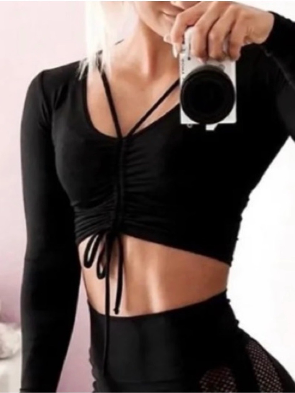 Bombshell Sportswear Black Drawstring Ruched Long Sleeve Crop Top - Women's